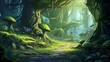 Lush green fantasy forest with towering trees and magical glowing mushrooms along a stone path