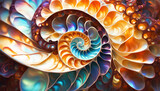 maritim abstrakte Vorlage Hintergrund, geschwungen dynamisch natürlich in bunt Perlmutt glänzend, Spirale wie fossile Ammonite Nautilus Muschel Schnecke, bewegt kurvig wellig schneckenförmig Meer