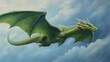 An artistically rendered green dragon glides with its gigantic wings open in a serene blue sky, projecting calmness and control