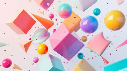 Poster - Holographic geometric shape form floating on white isolated background. Memphis style. Abstract colorful 3D art background.