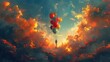 In beautiful cloudy skies, an illustration shows a man flying with colorful balloons
