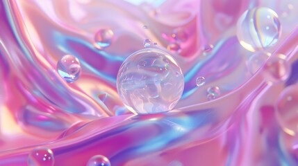Poster - The background is made up of holographic pastel liquid blobs, soap bubbles, and metaballs floating in a holographic pastel medium.