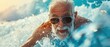 Energetic Elderly Man in Sunglasses Surfing a Wave with Sheer Determination