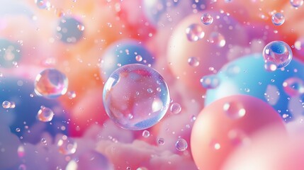 Poster - Background of abstract 3D art with pastel geometric liquid blobs and bubbles, sphere, and soap bubbles.