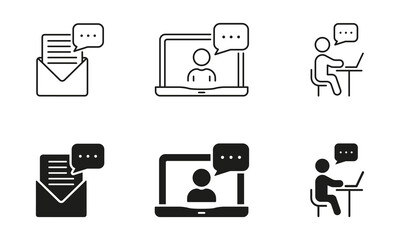 Poster - Online Seminar Line and Silhouette Icon Set. Distance Education Symbol Collection. People Use Laptop For Webinar Black Pictogram. Video Conference, Remote Work Sign. Isolated Vector Illustration