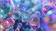 A 3D abstract art piece with floating holographic liquid blobs, soap bubbles, metaballs...