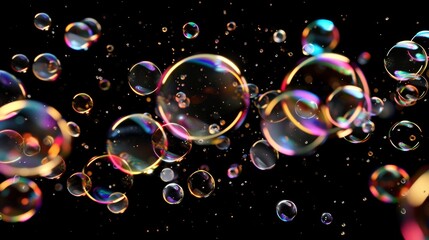 Poster - The holographic liquid blobs are presented on black background with soap bubbles and metaballs. 3D render.
