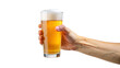 Hand holding a glass of cold beer with frothy foam
