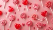 A heart-shaped lollipop candy stands on an isolated background. Valentine's Day concept. Top view. Background with 3D patterns.
