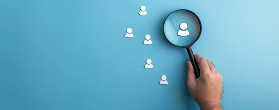 A hand holding magnifying glass over target and people icon on blue background, focusing or choosing the right person for business development