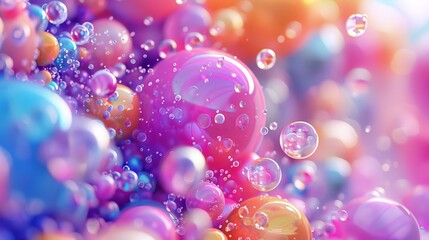 Poster - The background is an abstract 3D art background with floating holographic liquid blobs, soap bubbles, metaballs and other 3D shapes.