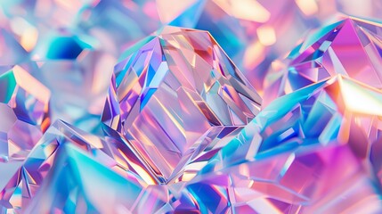Poster - An abstract geometric crystal background, with an iridescent texture, surrounded by liquid. This is a 3D render...