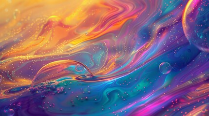 Poster - The background is an abstract 3D art background. Holographic floating liquid blobs and soap bubbles.