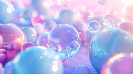 Poster - A blue liquid blobs background with soap bubbles and 3d soft pastel gradient balls.