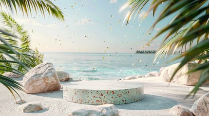 Wall Mural - Rendering of summer beach scene with terrazzo podium for product display.