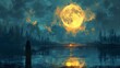 A young woman looks at the fallen moon on a lake at night, digital art style, illustration painting