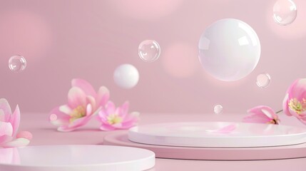 Poster - An elegant cosmetic product display background with floating white spheres in 3D...