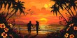 Couple enjoying a romantic getaway at the beach during sunset surrounded by tropical flowers and palm trees while embracing.