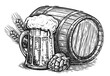 Hand drawn mug and barrel of beer. Pub, brewery illustration sketch style
