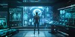 A futuristic medical laboratory with advanced technology and holograms surrounded by glowing screens displaying data and research findings on a human body in the background.