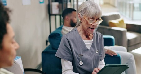 Wall Mural - Senior woman, nurse and consulting patient with tablet for prescription, diagnosis or results at hospital. Female person and doctor talking to client on technology for wellness or vitamins at clinic