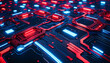 Technik Hintergrund Vorlage für technische Daten Analyse Überwachung Computer Chip Design Makro Prozessor Hardware Mikrochip Leiter Bauteile Platine hoch modern in blau rot leuchtend fließende Ströme