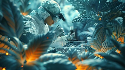 Canvas Print - Biology: A 3D vector illustration of a biologist studying a plant specimen under a microscope