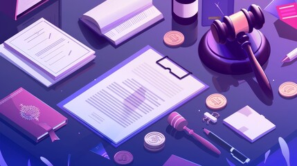 Wall Mural - An isometric landing page for 'law and justice'. Gavels, constitution books, documents with stamps, coins and pens are displayed.