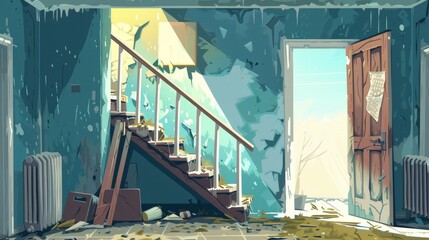 Wall Mural - Modern cartoon interior of empty home hallway with cluttered walls, boarded up doors, garbage, broken wooden staircases, and cracks in the floor.