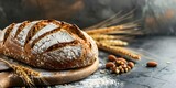 Fototapeta  - A rustic loaf of bread with a crispy crust and soft texture, surrounded by freshly baked goods from a quaint bakery.