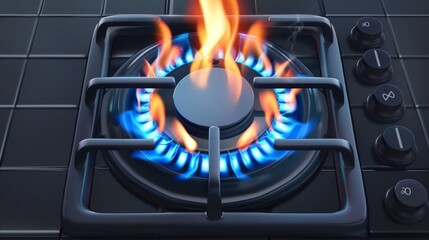 Wall Mural - Angular set of realistic burners with blue flame and black steel grate in a cooking oven for top view. Modern realistic set of burners with blue flame and black steel grate.
