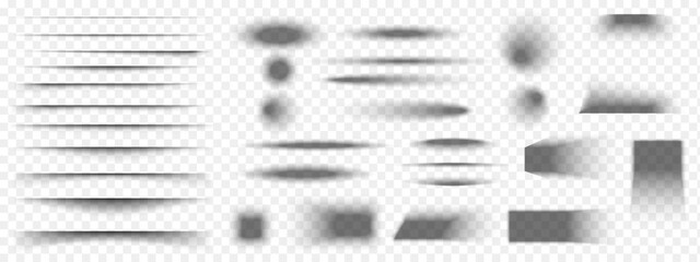Fototapete - Set of paper or packing box shadow effects. Different realistic soft grey shapes. Divider lines, square and rectangle, round and oval shades isolated on transparent background. Vector illustration.