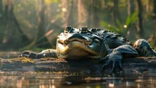 A Large Alligator Is Laying On A Log In A Pond 4K Motion