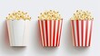 A modern realistic mock up of striped paper boxes for popcorn isolated on a white background, blank square and round packs for popcorn, chicken, potato and snacks in a movie theater.