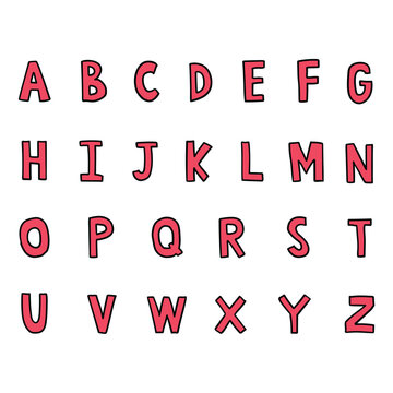 Hand drawn doodle red english alphabet on white background.
