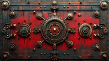 A Steampunk Red Decorative Panel Depicting Intricate Clockwork Mechanisms In 3D
