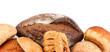 Pastries, buns and bread Isolated on a white. Wide photo. There is free space for text.