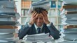 Overworked businessman at his desk, head in hands, surrounded by stacks of paperwork, depicting stress and workload pressure.