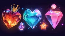 Topaz, Amethyst, Quartz. Colorful Modern Icons Of Shiny Color Gemstones In Hearts, Stars, Triangles And Crowns.