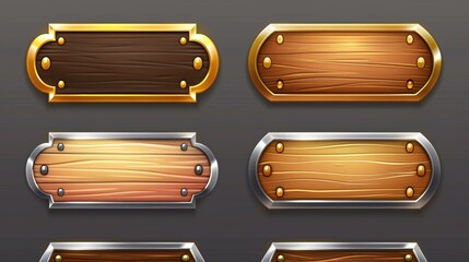 Canvas Print - The modern cartoon set of blank rectangle buttons has golden and metal borders with wood texture in a medieval style with gold and silver frames for game UI design.