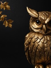 Wall Mural - gold owl statue on plain black background close-up portrait from Generative AI