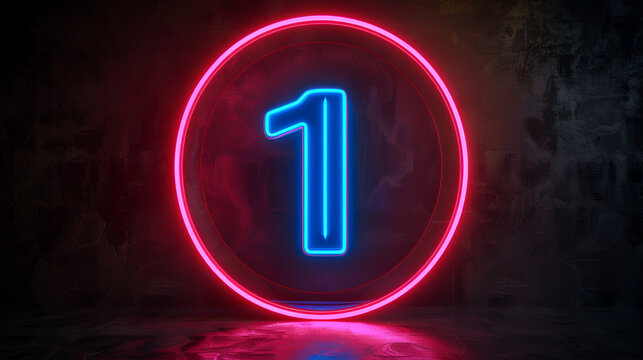 3d render, red blue neon number one inside the linear round frame glowing in the dark, isolated on black background. Letter One in stunning Neon Lighting 