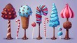 Cartoon set of fantastic trees with cake pops, caramel and candy canes for game user interface design.
