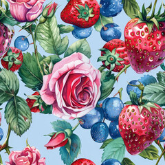 Aufkleber - A painting featuring vibrant strawberries and delicate roses against a serene blue background