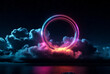 Abstract background of night cloud illuminated with neon light round ring on dark sky. Backdrop of glowing geometric shape from round frame. Creativity design concept. Gen ai. Copy ad text space