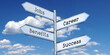 Jobs, career, benefits, success - metal signpost with four arrows