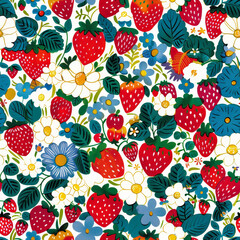 Poster - Pattern consisting of strawberries and flowers on a white surface