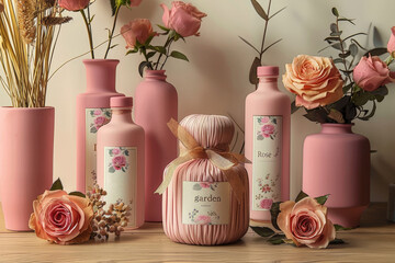 Poster - A table is adorned with pink vases filled with blooming flowers, creating a vibrant and colorful display