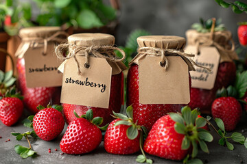 Fototapete - A close-up of a group of strawberries sitting next to each other on a surface, showcasing their vibrant red color and small seeds