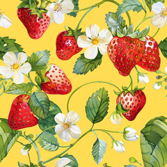 Poster - Painting featuring vibrant strawberries and colorful flowers against a bright yellow backdrop